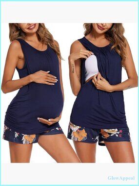 Maternity Nursing Pajama Set Sleeveless Top Shorts Pockets Medium